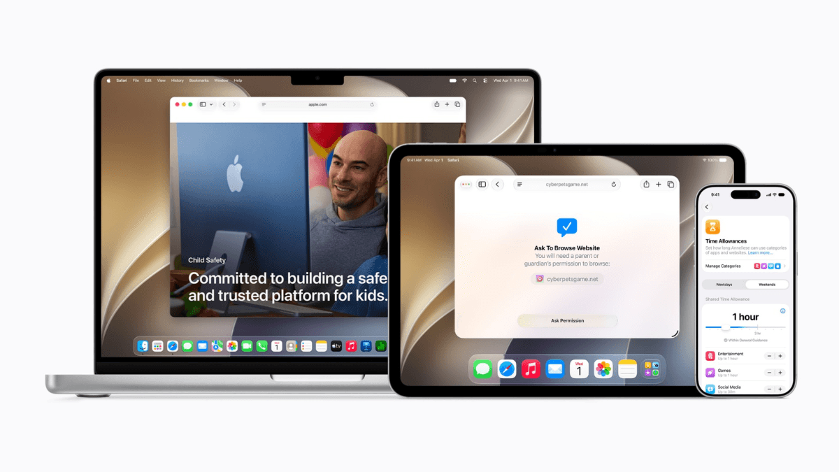 Blocking violent content is now standard for users under 18 1 MacBook iPad and iPhone displaying Apple child safety Screen Time and web approval settings for family devices in India.