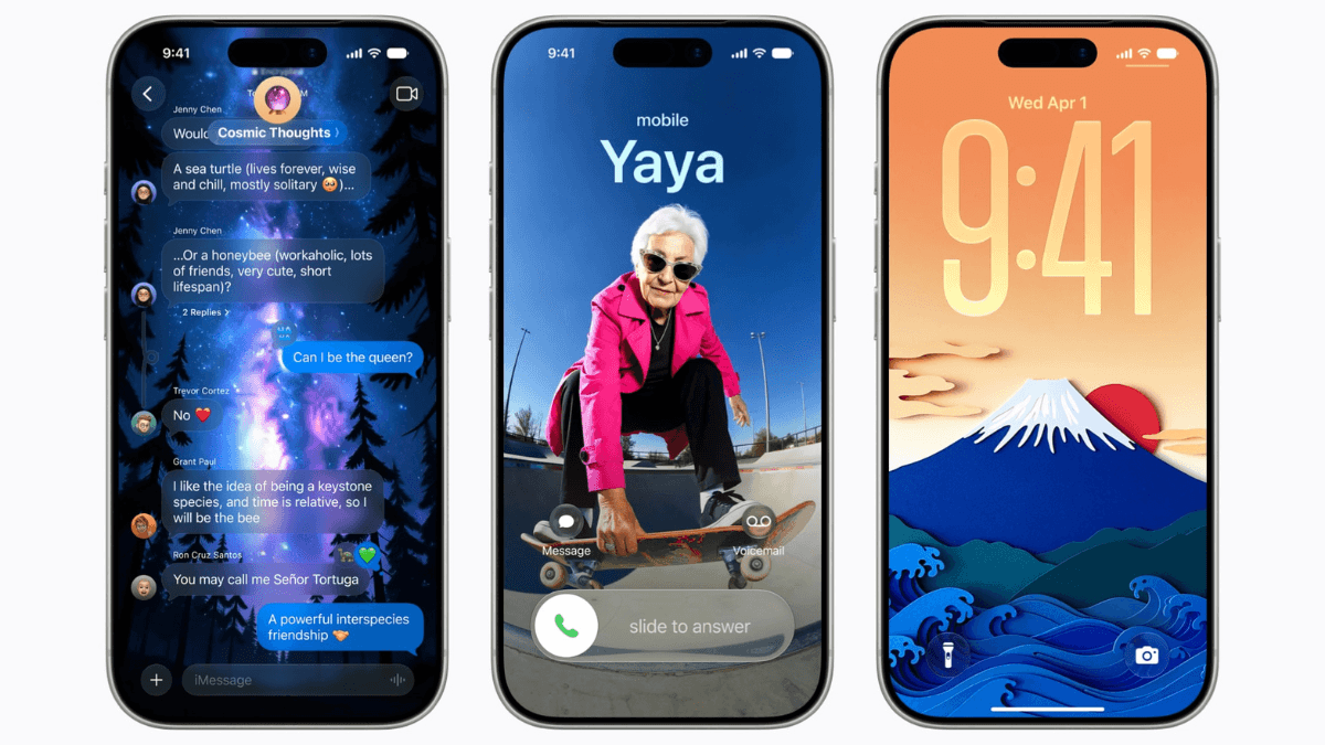The software update that makes Siri genuinely helpful 2 Three iPhone displays showing custom chat threads, a full-screen contact poster, and a mountain wallpaper in India.