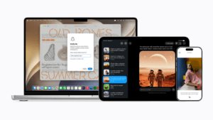 MacBook, iPad, and iPhone displays showing Safari updates, generative image prompts, and photo reframing tools in India.