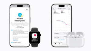 Two iPhones displaying sleep apnoea notifications and hearing test results alongside an Apple Watch and AirPods in India.