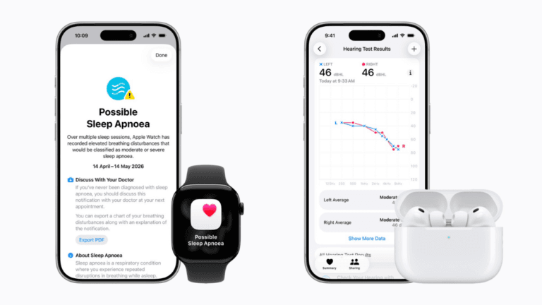 Two iPhones displaying sleep apnoea notifications and hearing test results alongside an Apple Watch and AirPods in India.