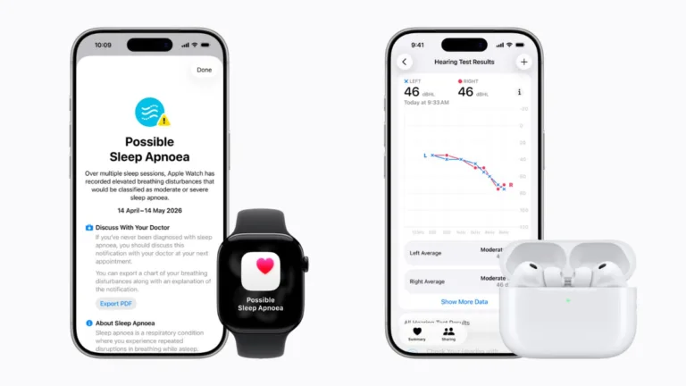Two iPhones displaying sleep apnoea notifications and hearing test results alongside an Apple Watch and AirPods in India.