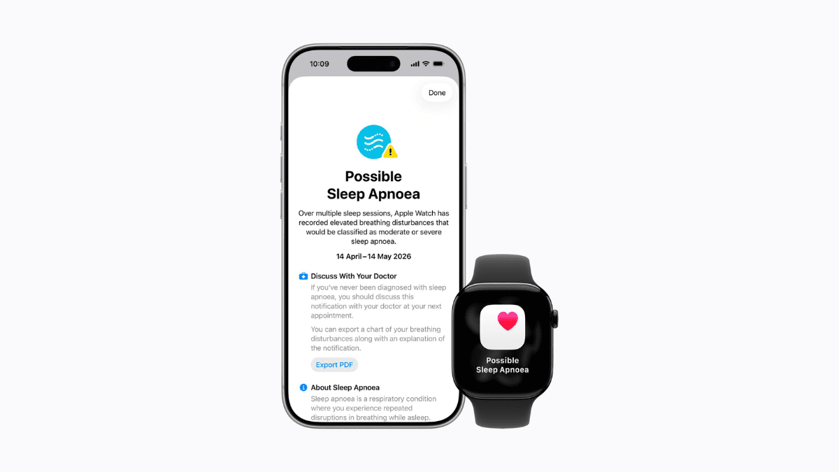 An iPhone showing a sleep apnoea notification next to a black Apple Watch displaying a heart health alert icon in India.