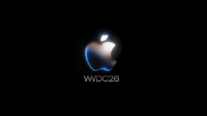 Glowing Apple logo above the text WWDC26 on a black background, representing the upcoming Siri AI update for India.