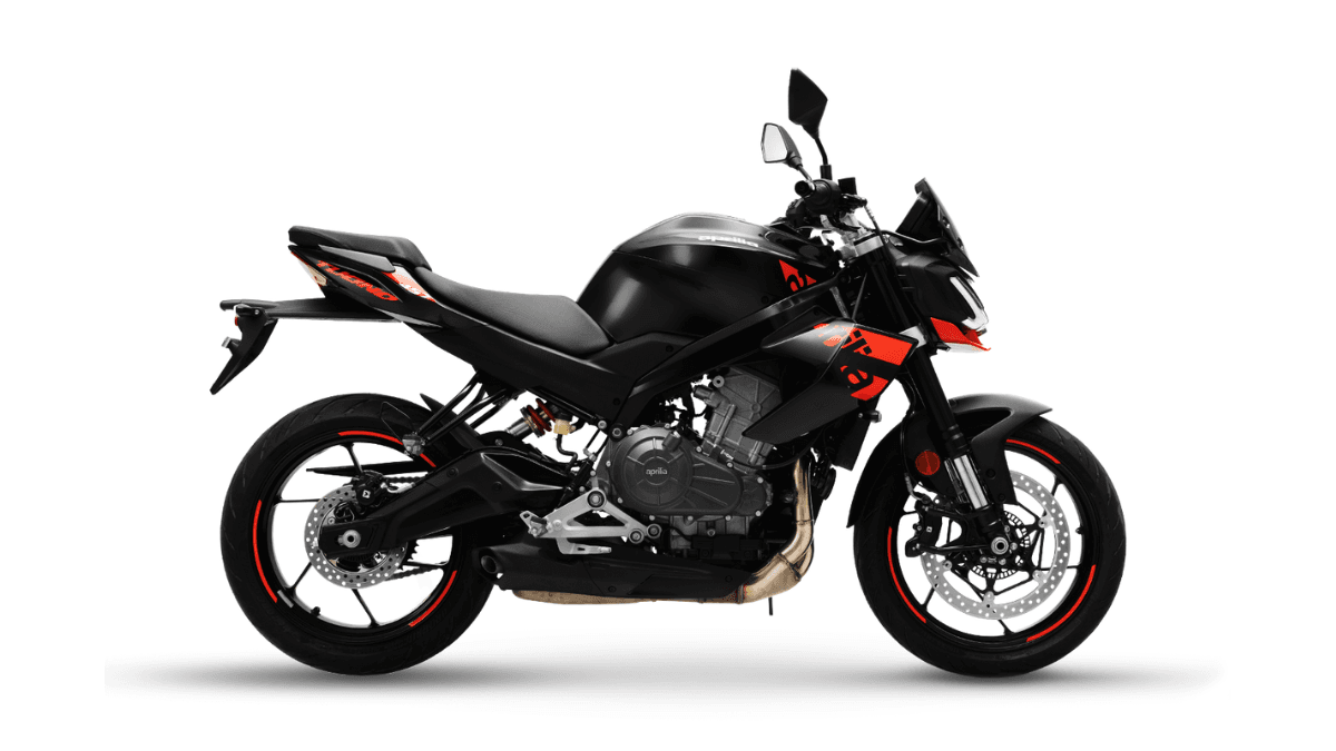 Side profile of a black Aprilia Tuono 457 Special Edition motorcycle showing its twin-spar frame on a white background.