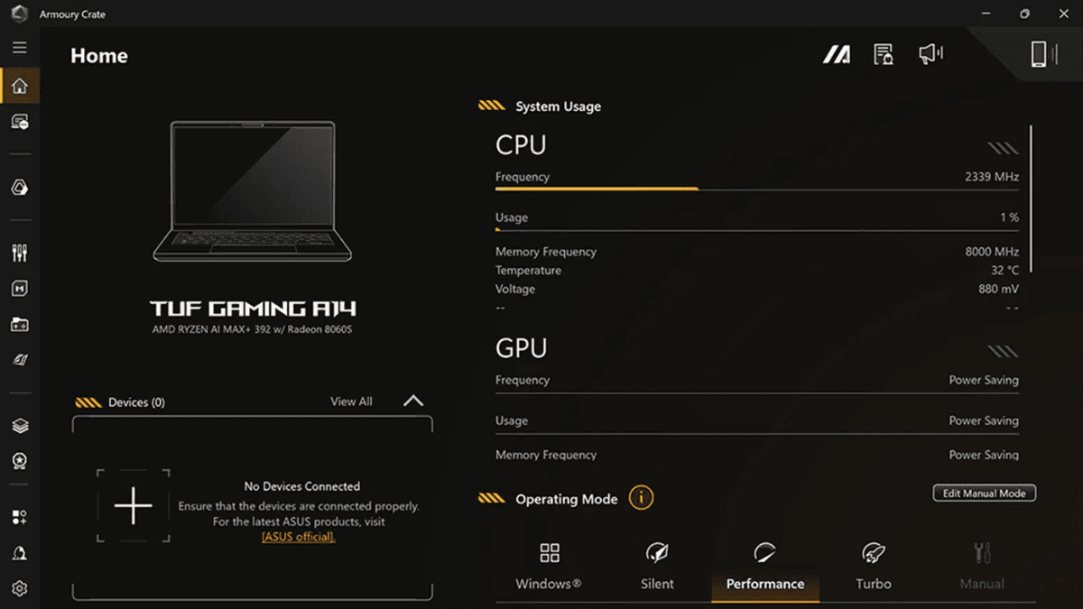 The ASUS Armoury Crate software interface on a screen showing system metrics for the Ryzen AI Max processor and Radeon graphics.
