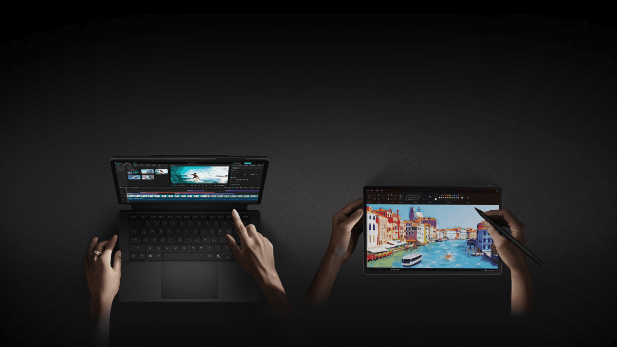 A 0.79 kg Snapdragon Windows tablet with OLED at its core 2 Top-down view of hands interacting with ASUS ProArt PZ14 2-in-1 in laptop and tablet modes, launch workflow.