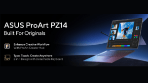 Graphic showing ASUS ProArt PZ14 14-inch tablet running creative software with stylus and keyboard, launch ready.
