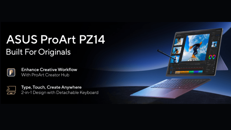 A 0.79 kg Snapdragon Windows tablet with OLED at its core 4 Graphic showing ASUS ProArt PZ14 14-inch tablet running creative software with stylus and keyboard, launch ready.