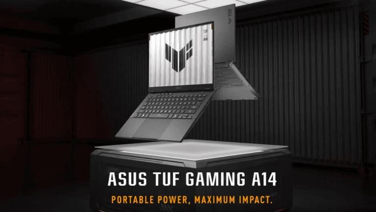 This ₹2.15 lakh gaming laptop refresh ditches the graphics card 3 A grey ASUS TUF Gaming A14 laptop floating above a lit platform in a dark warehouse environment, displaying its screen logo.