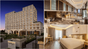 Collage of a white multi-storey hotel exterior at dusk, a marble lobby, and a bedroom at Ayodhyām hotel in India.