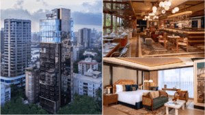 A modern city hotel tower, a warmly lit restaurant lounge, and a premium bedroom suite at Bandra House Mumbai.
