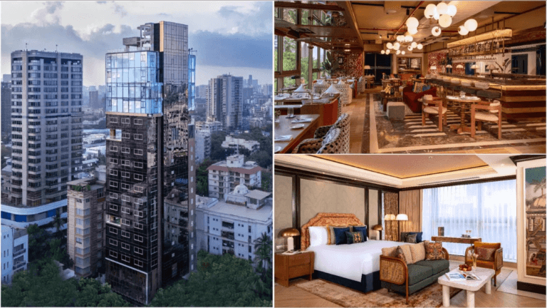 The coastal heritage hotel shifting Mumbai business trips 4 A modern city hotel tower, a warmly lit restaurant lounge, and a premium bedroom suite at Bandra House Mumbai.