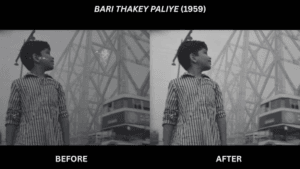 Black and white split screen of a boy by a bridge before and after visual cleanup for the NFDC 4K film restoration.