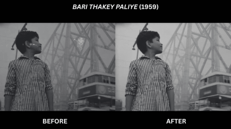 Black and white split screen of a boy by a bridge before and after visual cleanup for the NFDC 4K film restoration.