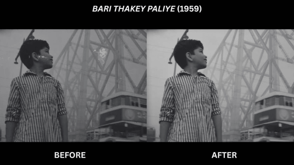 Black and white split screen of a boy by a bridge before and after visual cleanup for the NFDC 4K film restoration.