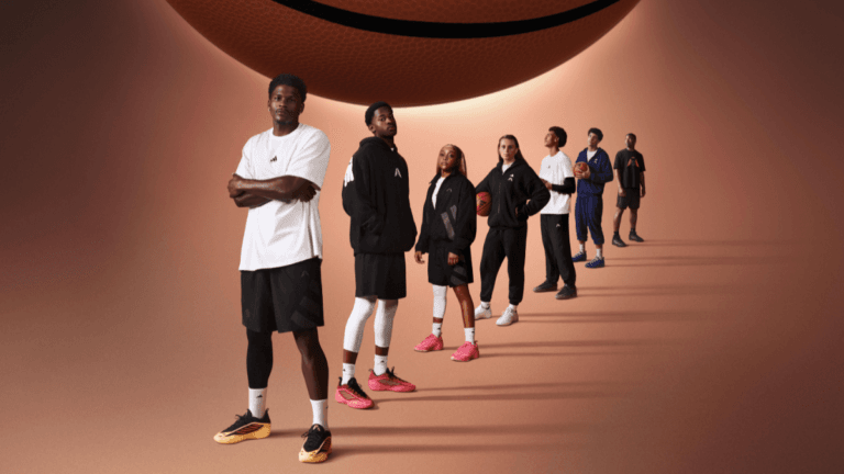 Anthony Edwards and young athletes line up under a giant basketball, highlighting the sneaker's appeal for Indian players.