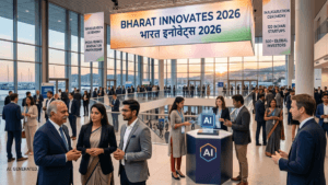 People in business suits under a large Bharat Innovates 2026 banner near an AI display stand at a summit venue in Nice.