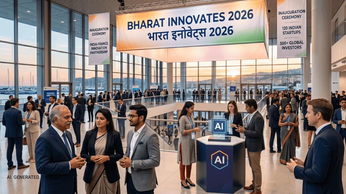 The French summit opening doors for Indian deep tech 1 People in business suits under a large Bharat Innovates 2026 banner near an AI display stand at a summit venue in Nice.