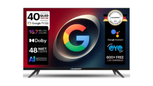 Blaupunkt 40-inch QLED television displaying Google TV interface and 48W sound badges for the India launch.