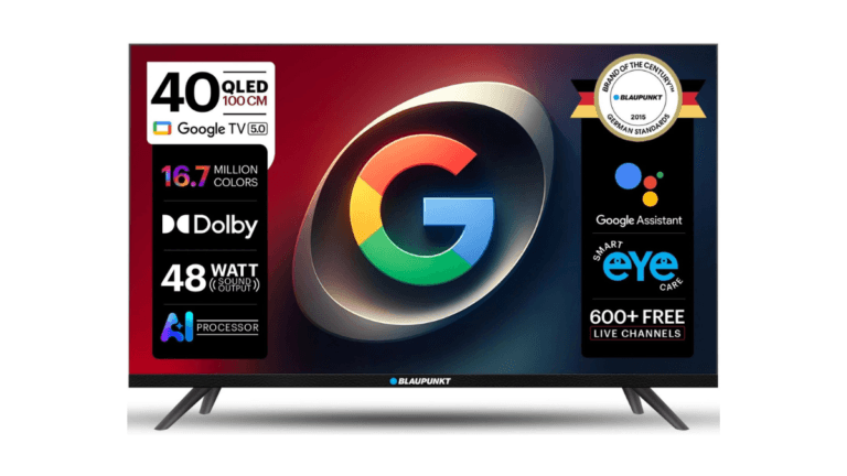 The Google TV series that puts QLED panels in smaller bedrooms 3 Blaupunkt 40-inch QLED television displaying Google TV interface and 48W sound badges for the India launch.