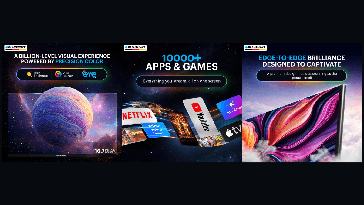 The Google TV series that puts QLED panels in smaller bedrooms 2 Infographics detailing 10000 streaming applications, a colourful planet visual, and the edge-to-edge bezel-less display.