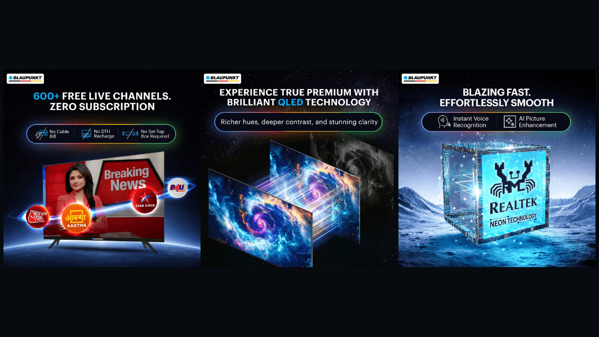 The Google TV series that puts QLED panels in smaller bedrooms 1 Three promotional panels showcasing 600 free live channels, QLED layers, and a Realtek Neon technology chip design.