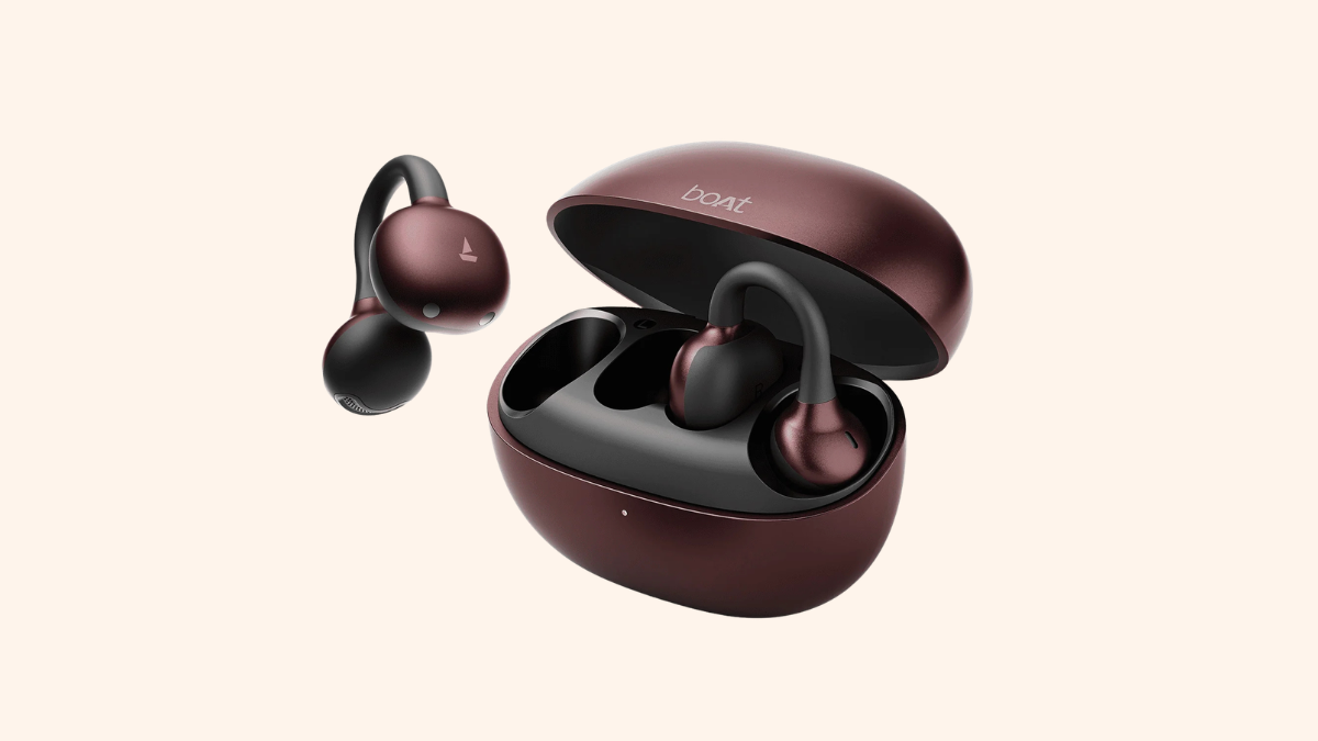 An end to the ear fatigue caused by silicone audio buds 1 A wine red clip earbud next to an open matching charging case holding a second earbud on a plain background.