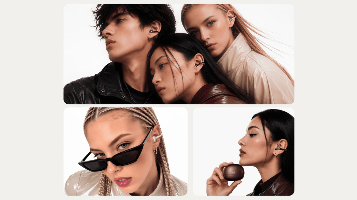 An end to the ear fatigue caused by silicone audio buds 2 Collage of three panels showing four people wearing different coloured clip earbuds against a plain background.