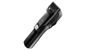 Black boAt Slazer S100 beard trimmer with an adjustable comb attachment against a white background, launched in India.
