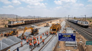 Workers building tracks with machinery and trains visible near a blue Champa-Korba railway sign in India.