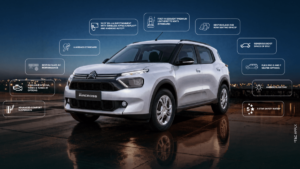 White Citroën SUV on wet ground at dusk with text labels highlighting vehicle specifications for the Indian market.