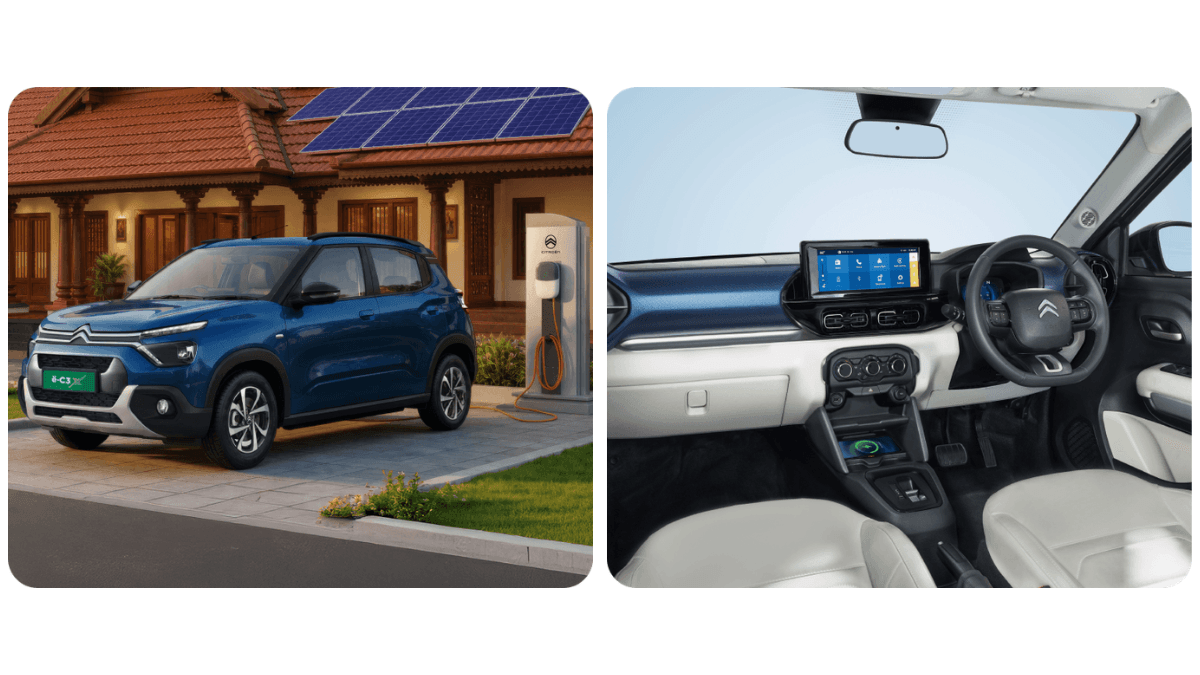 At ₹6.89 lakh upfront, this EV drops the battery cost 1 A blue Citroen eC3X crossover next to a split view of its digital dashboard and central touchscreen display.