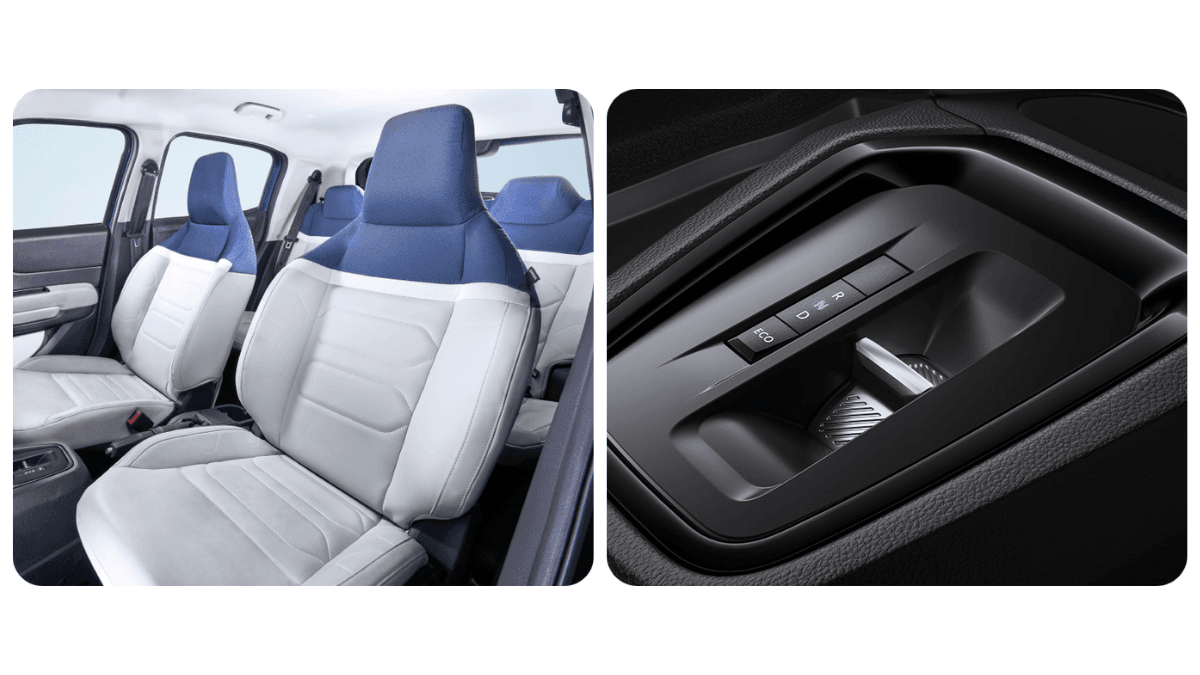 At ₹6.89 lakh upfront, this EV drops the battery cost 2 Dual-tone leatherette seats inside a Citroen eC3X next to a close-up view of its digital drive selector panel.