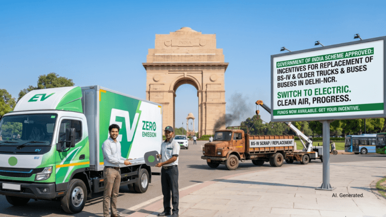 Will this ₹9,585 crore scheme finally clean up Delhi's air? 1 Men with a green EV truck by India Gate, next to a billboard detailing the Delhi-NCR vehicle scrapping scheme.