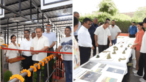 Officials cutting a red ribbon at a kiosk and viewing student wildlife clay models during the Delhi zoo digital launch.