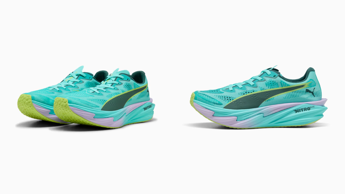 The footwear that broke four world records finally hits India 1 Two mint green running shoes on the left and one shoe on the right showing the side profile against a white background.