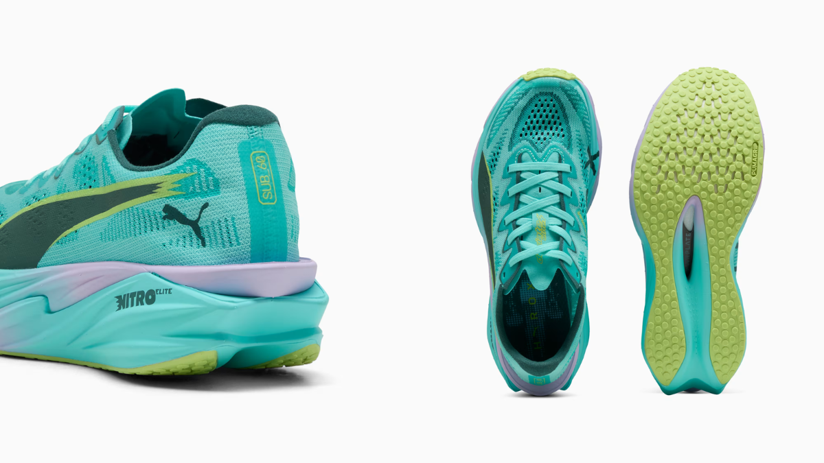 The footwear that broke four world records finally hits India 2 The heel of a mint green shoe on the left, an upper view in the centre, and a textured green outsole on the right.