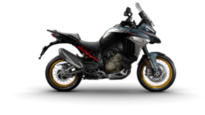 Ducati Multistrada V4 Rally motorcycle in grey and green with gold spoked wheels shown against a white background.