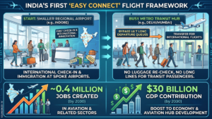Diagram of a regional airport check-in counter on the left and a busy transit hub terminal on the right for India flights.