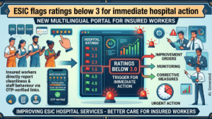 Infographic of workers rating healthcare on phones next to a digital ESIC hospital dashboard with alert sirens in India.