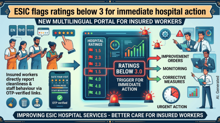 Infographic of workers rating healthcare on phones next to a digital ESIC hospital dashboard with alert sirens in India.