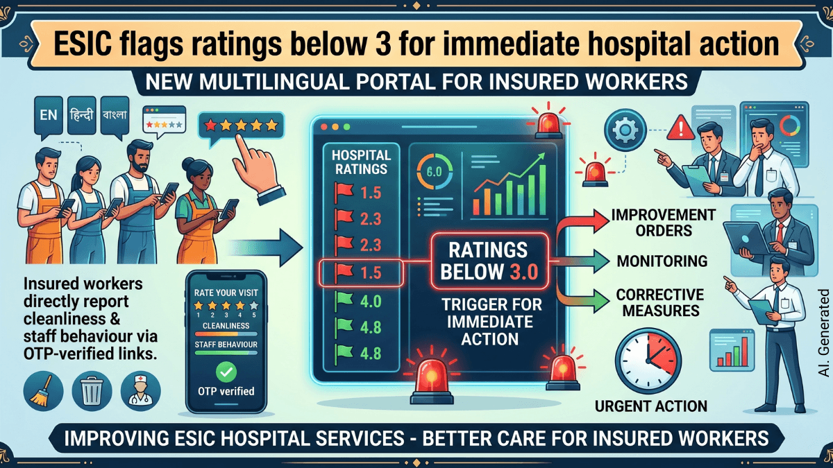 Infographic of workers rating healthcare on phones next to a digital ESIC hospital dashboard with alert sirens in India.