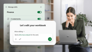 Excel user interface showing finance workflow skills next to a woman smiling and working on her laptop at a desk.