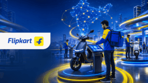 A delivery rider in uniform interacts with a digital kiosk next to an electric scooter under a glowing map of India.