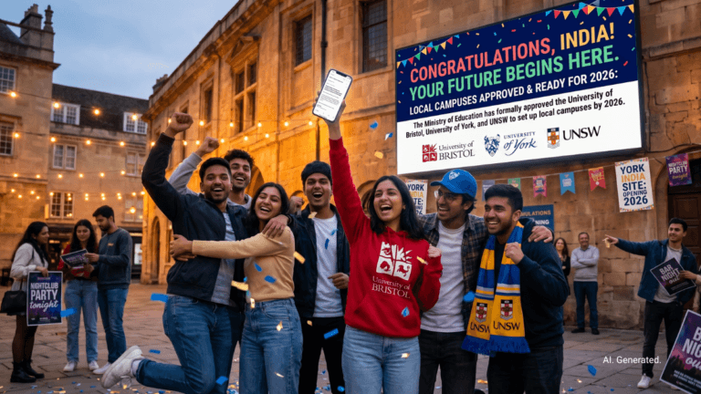 Three global universities are opening branch campuses locally 2 Indian students wearing university gear celebrate under a billboard announcing Bristol, York, and UNSW India campuses.