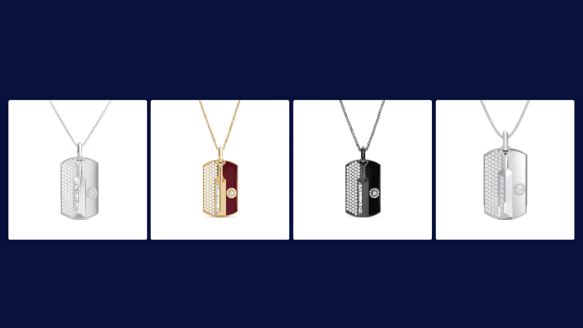 The cricket collectible merging sports with fine jewellery 2 Four cricket bat and ball motif pendants showing white gold pavé, yellow gold, and black rhodium finishes in India.