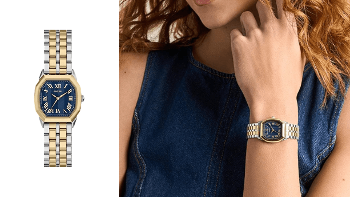 This year watch collection skips smart screens entirely 2 Standalone shot and wrist view of a woman wearing an octagonal two-tone metal watch with a blue dial in India.