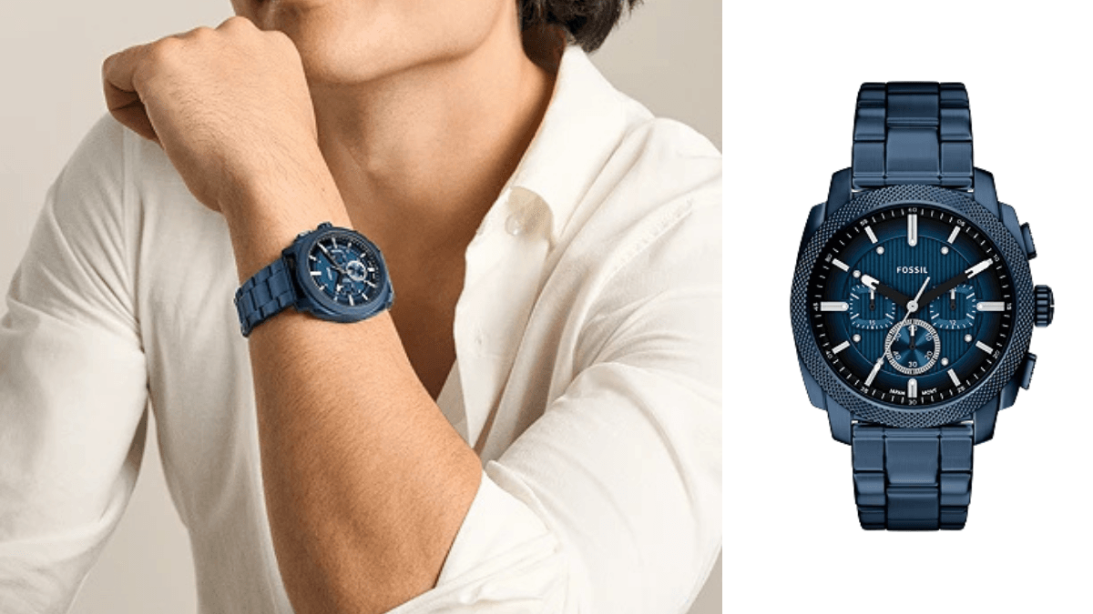 This year watch collection skips smart screens entirely 1 A man wearing a navy steel watch next to a studio shot of the Fossil Machine Chronograph for Indian buyers.