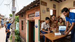 A field worker installs a Ganga Fiber box outside an Indian home while a family inside sets up a project internet router.